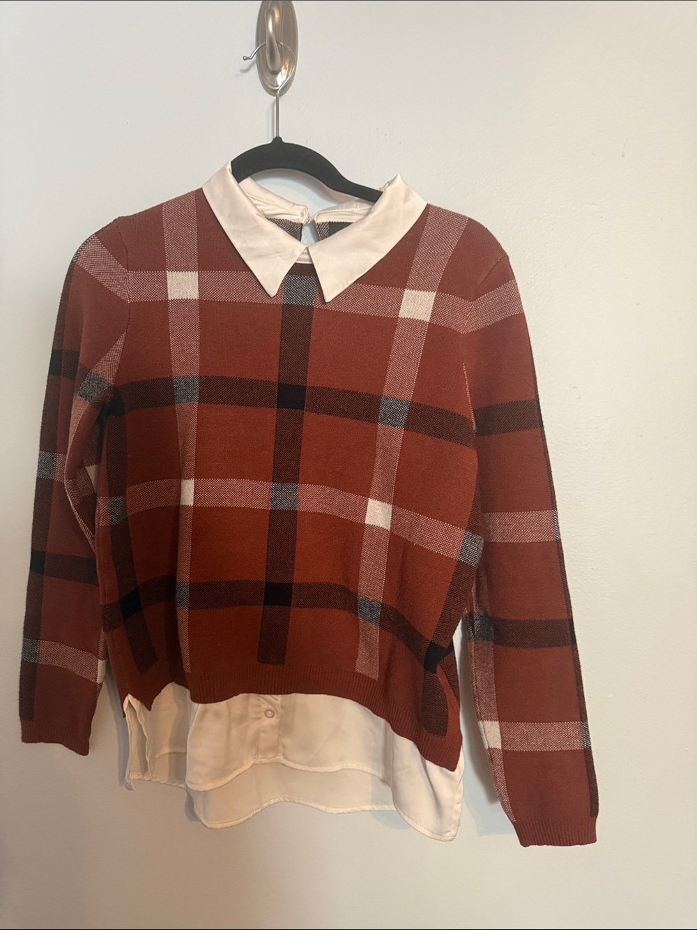Tahari Burnt Orange Plaid Layered Collared Sweater Top Size M